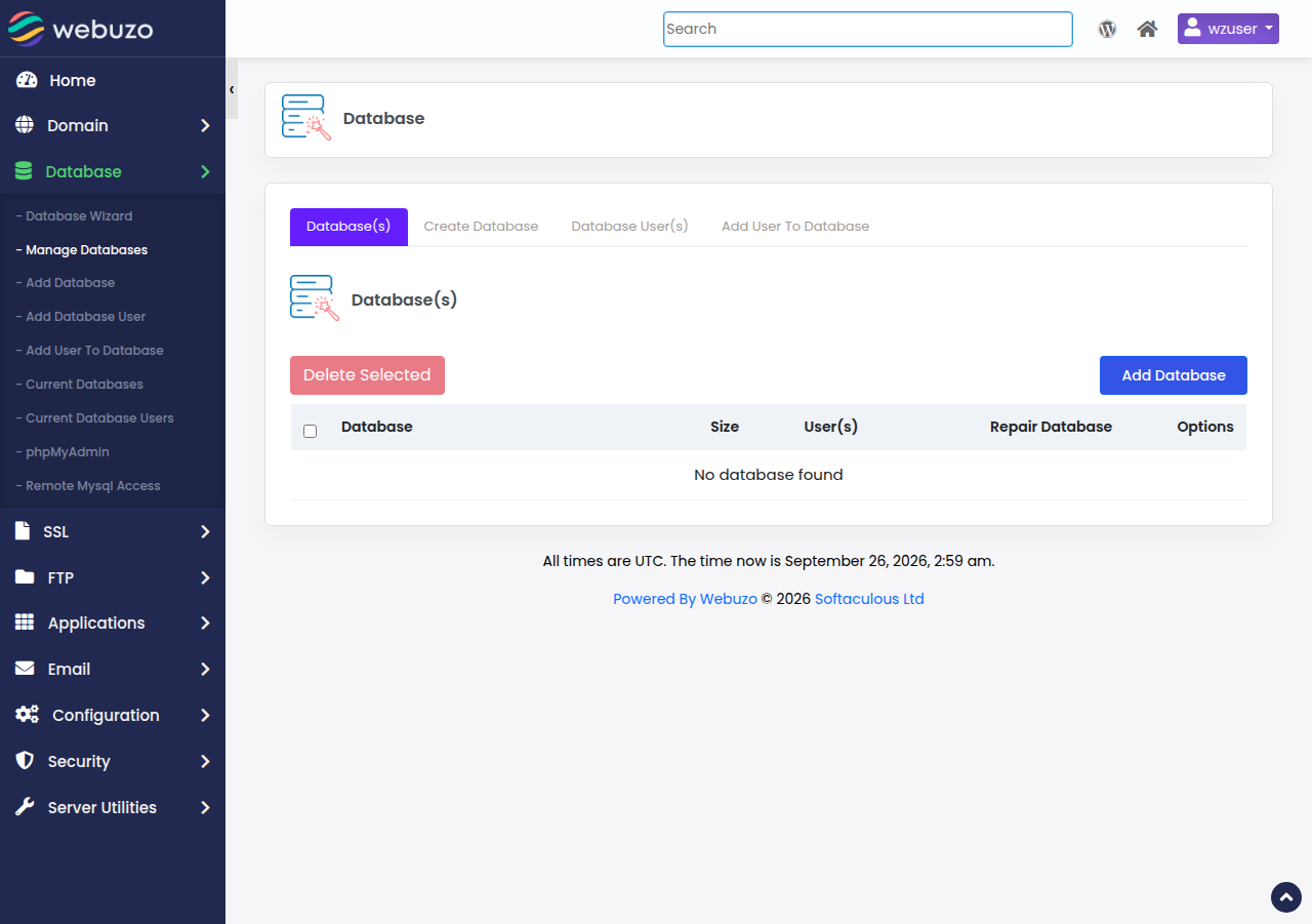 Webuzo Manage Databases page with tabs for Databases, Create Database, Database Users and Add User To Database, and an Add Database button