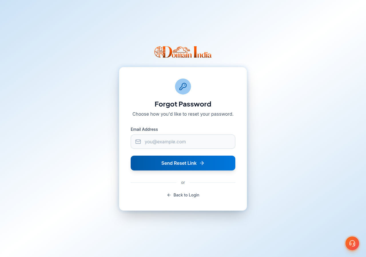 Forgot Password page with an Email Address field, a Send Reset Link button and a Back to Login link