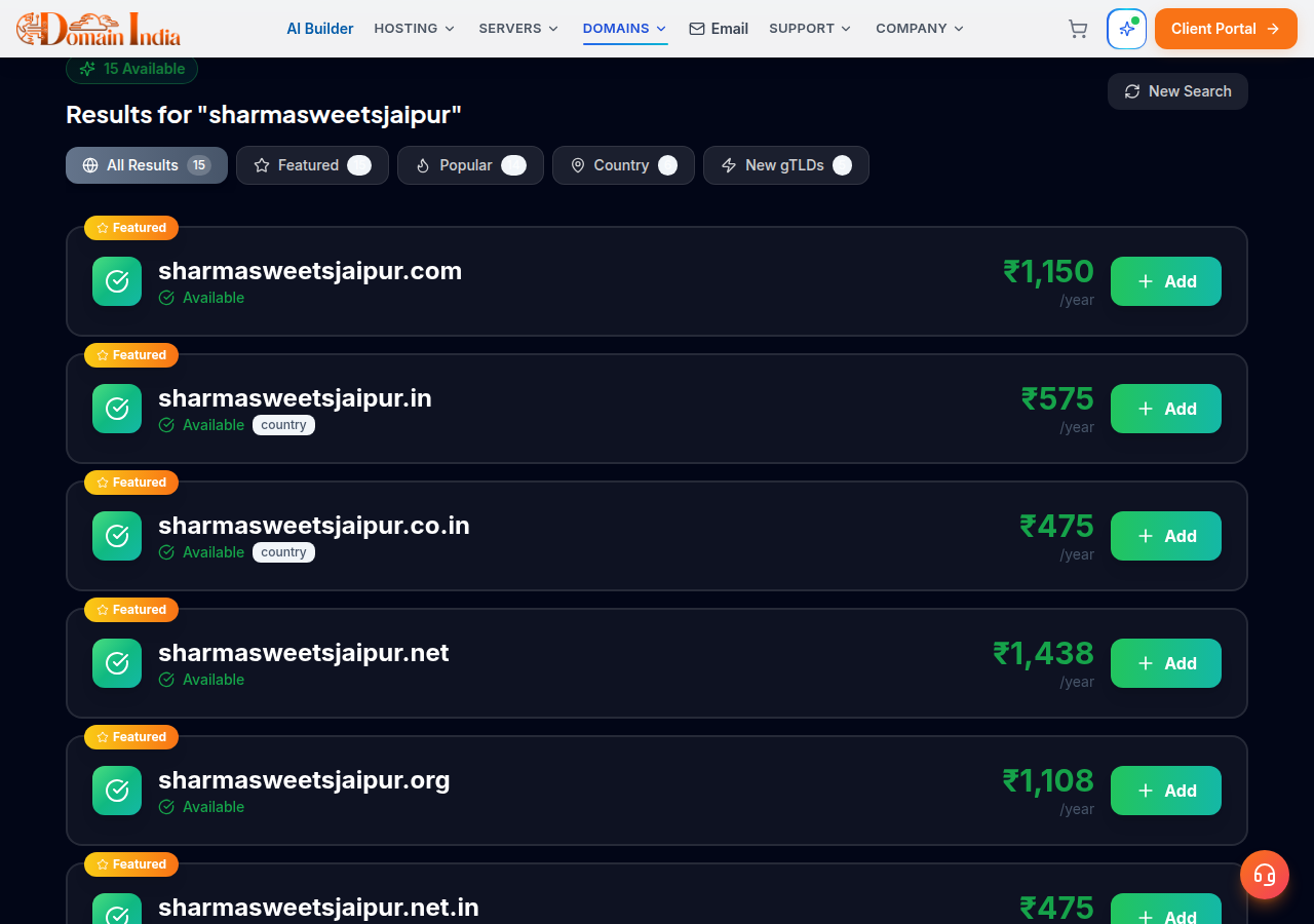 Domain Search results for an example name, listing .com, .in, .co.in, .net and .org as available with yearly prices and Add buttons