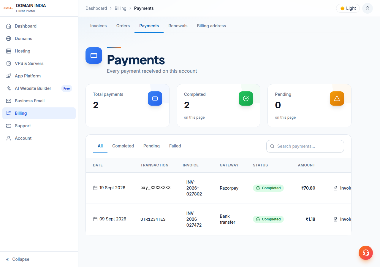 Billing, Payments list with Date, Transaction, Invoice, Gateway, Status and Amount columns, showing two Completed payments made through Razorpay and Bank transfer