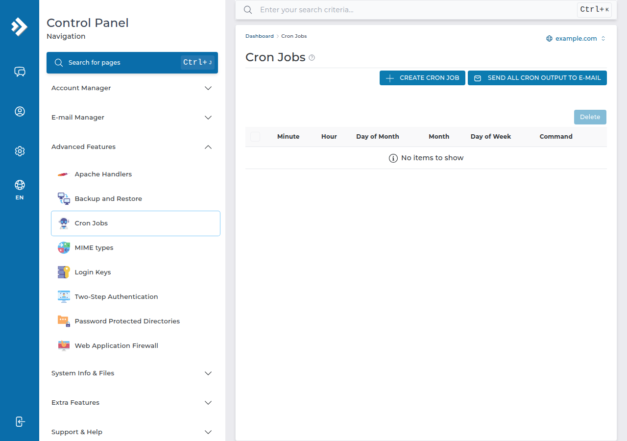 DirectAdmin Cron Jobs page with Create Cron Job and Send All Cron Output to E-mail buttons and columns for the schedule and command