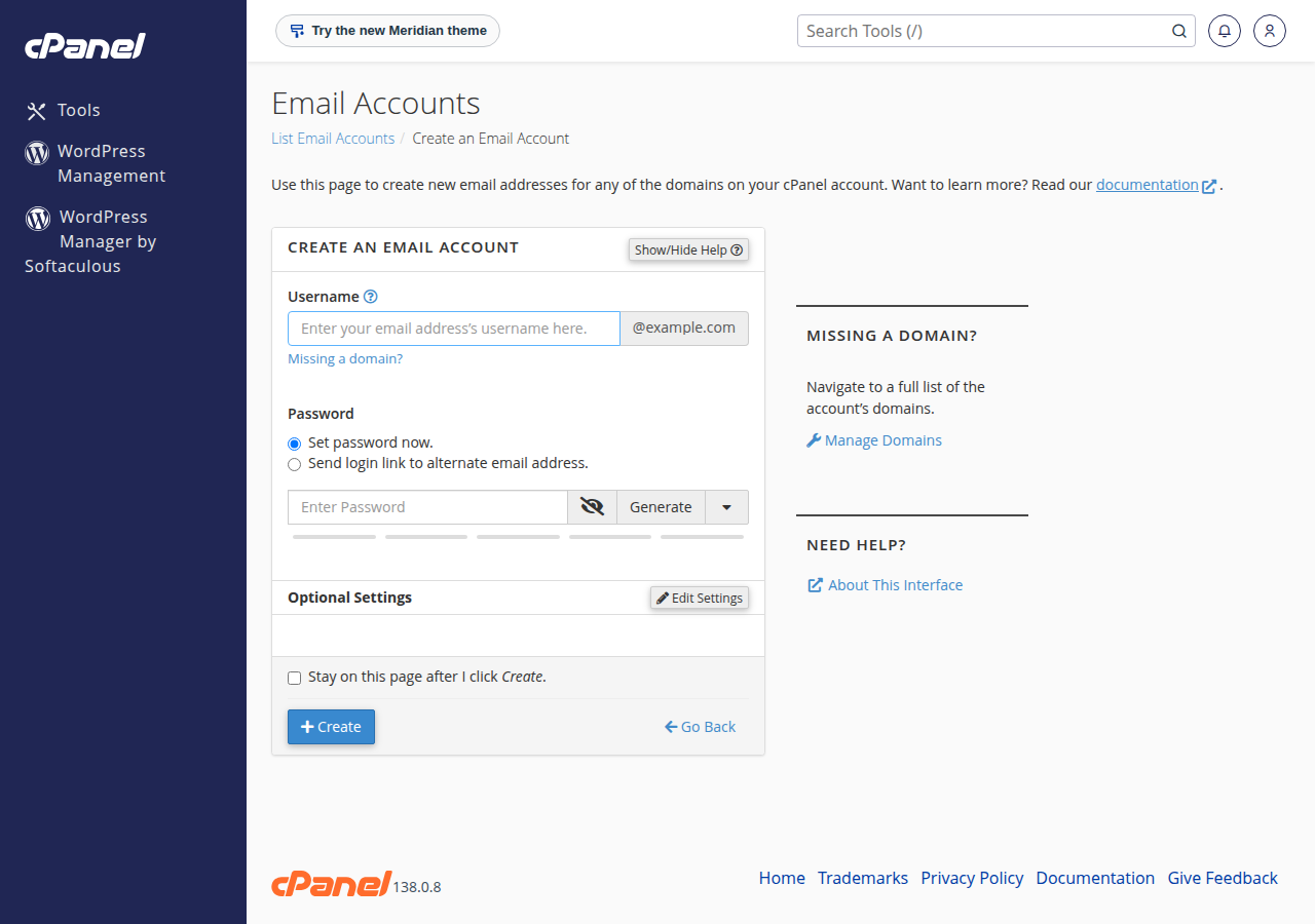 cPanel Create an Email Account form with Username at example.com, Password with a Generate button, Optional Settings and the Create button