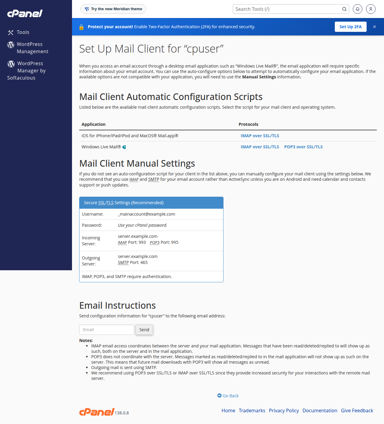 cPanel Set Up Mail Client page with auto-configuration scripts and Secure SSL/TLS settings: IMAP 993, POP3 995 and SMTP 465 on server.example.com