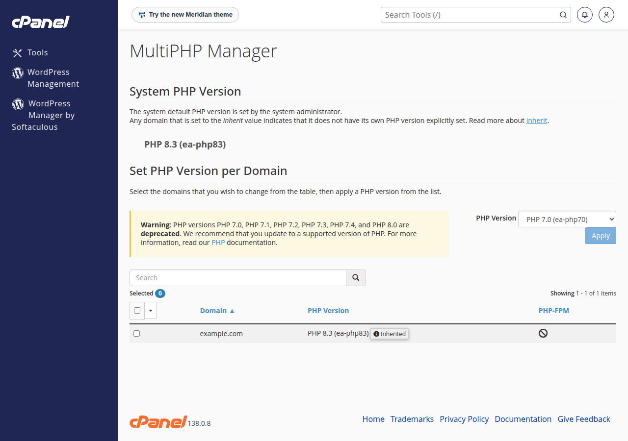 cPanel MultiPHP Manager showing the system PHP version, a PHP Version dropdown with Apply, and a domain row with a checkbox and its current version