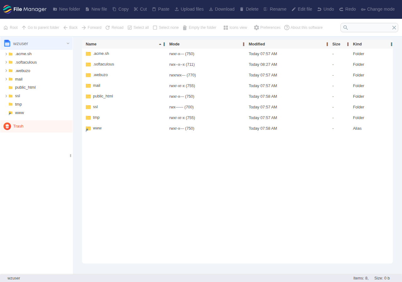 Webuzo File Manager showing the home folder tree with public_html and a toolbar with upload, new folder, rename, delete and change mode
