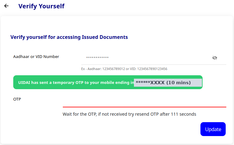 DigiLocker Verify Yourself page after the number is entered, with a green message that UIDAI has sent a temporary OTP to the mobile ending in hidden digits, valid for 10 minutes, and an OTP field