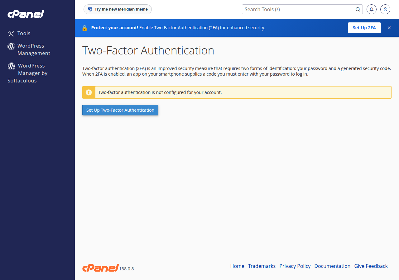 cPanel Two-Factor Authentication page stating 2FA is not configured, with a Set Up Two-Factor Authentication button