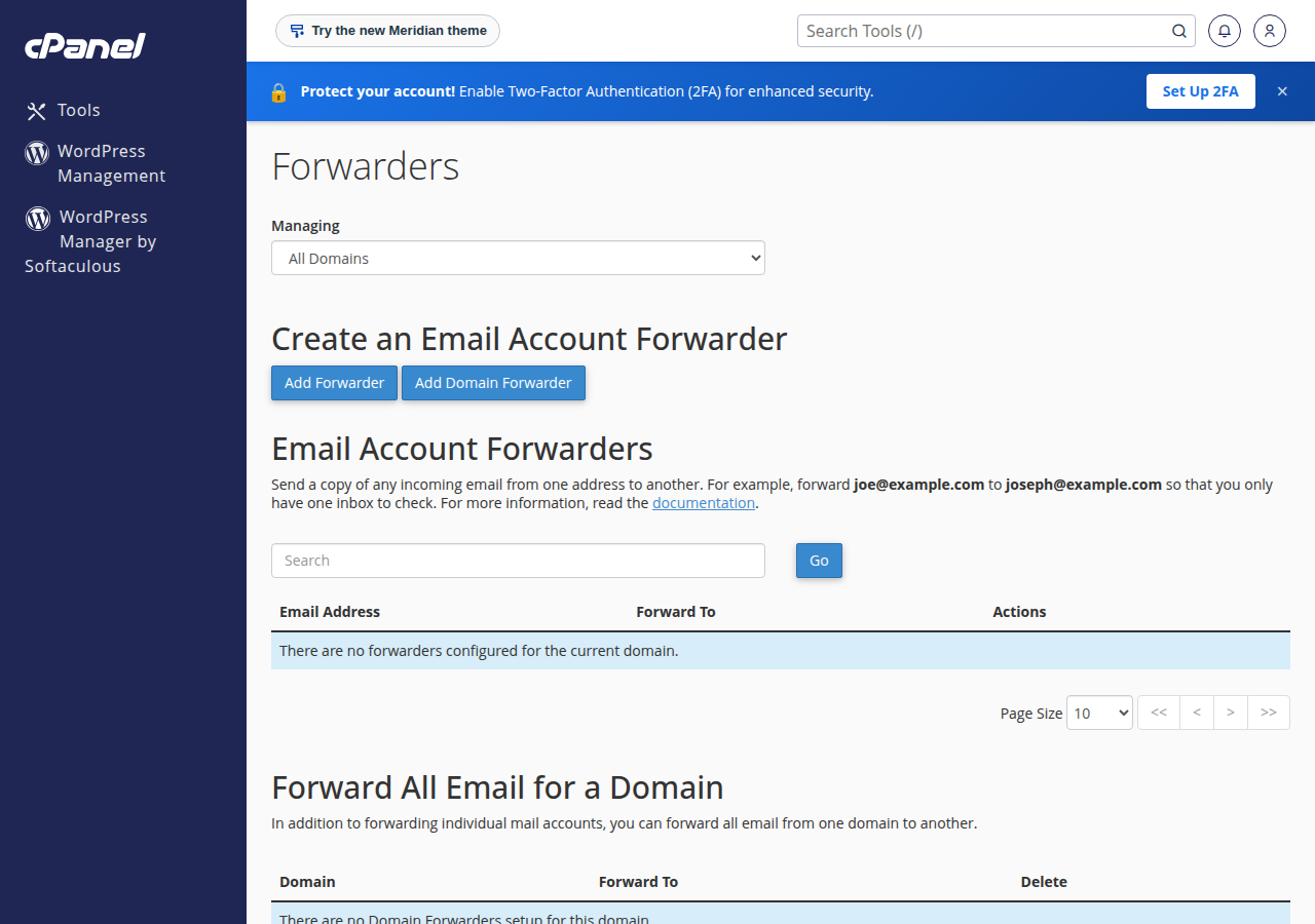 cPanel Forwarders page with Add Forwarder and Add Domain Forwarder buttons and empty lists of email account and domain forwarders