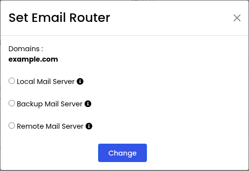 Webuzo Set Email Router dialog for example.com with three options: Local Mail Server, Backup Mail Server and Remote Mail Server, and a Change button