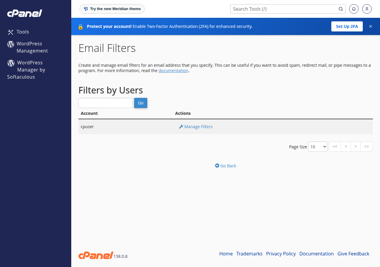 cPanel Email Filters page, Filters by Users, listing the account cpuser with a Manage Filters link