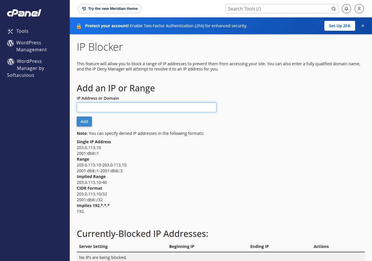 cPanel IP Blocker page with an IP Address or Domain field, Add button, accepted address formats and an empty blocked list