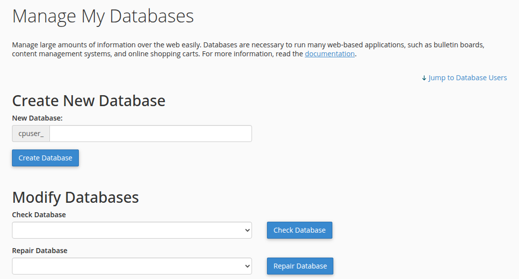 cPanel Manage My Databases page: Create New Database, and Modify Databases with a Check Database list and button and a Repair Database list and button