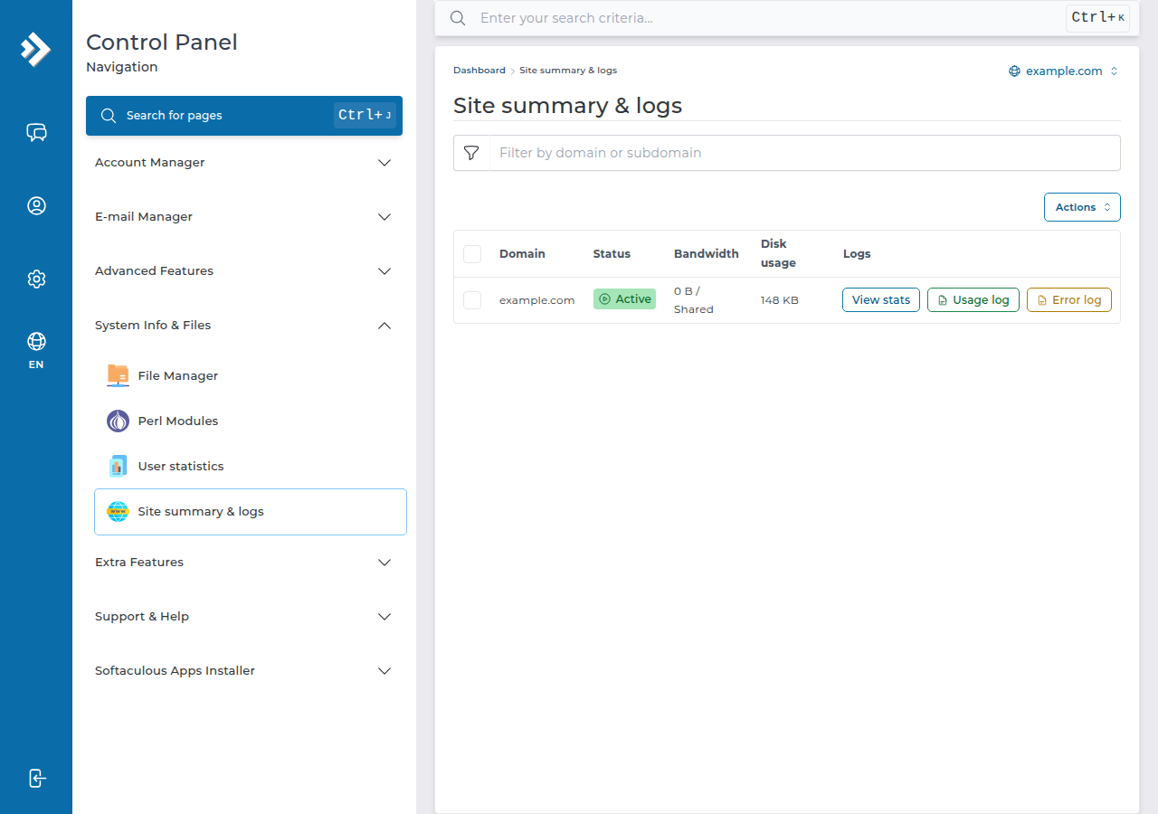 DirectAdmin Site summary and logs page under System Info and Files, listing example.com as Active with bandwidth, disk usage and View stats, Usage log and Error log buttons
