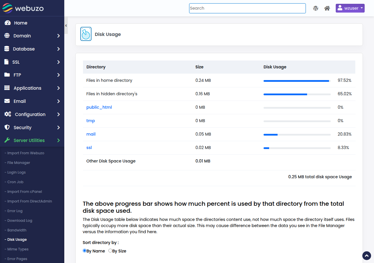 Webuzo Disk Usage page with a table of directories, their size and share of the disk space used