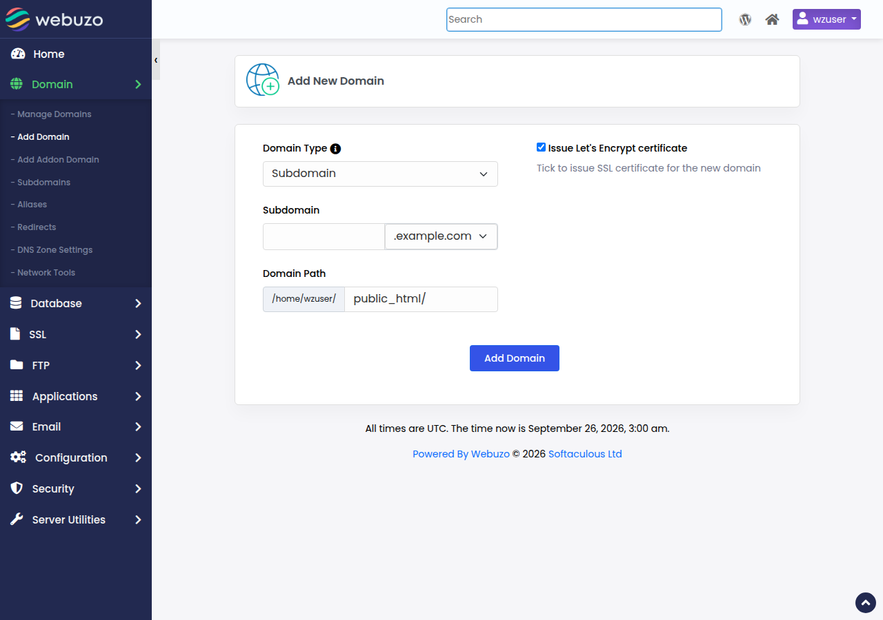 Webuzo Add New Domain form with Domain Type set to Subdomain, a subdomain field for example.com and the domain path