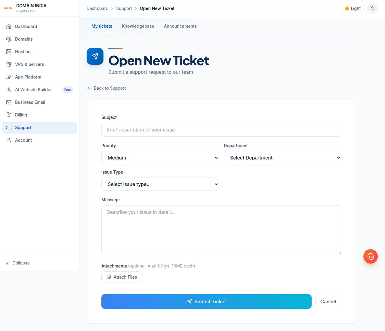 Open New Ticket form: Subject, Priority, Department, Issue Type and Message fields, Attach Files for up to 5 files of 10MB, and Submit Ticket