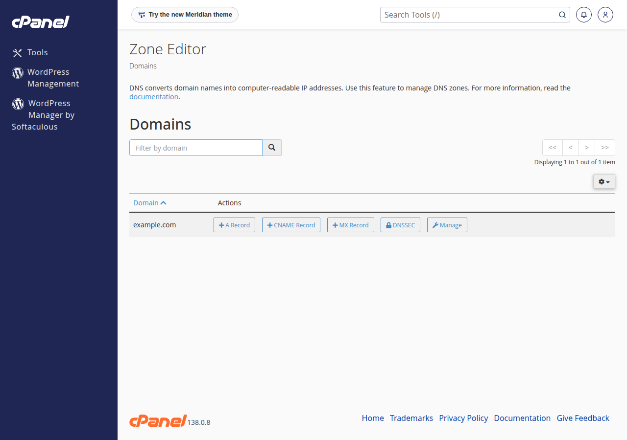 cPanel Zone Editor listing a domain with + A Record, + CNAME Record, + MX Record, DNSSEC and Manage buttons