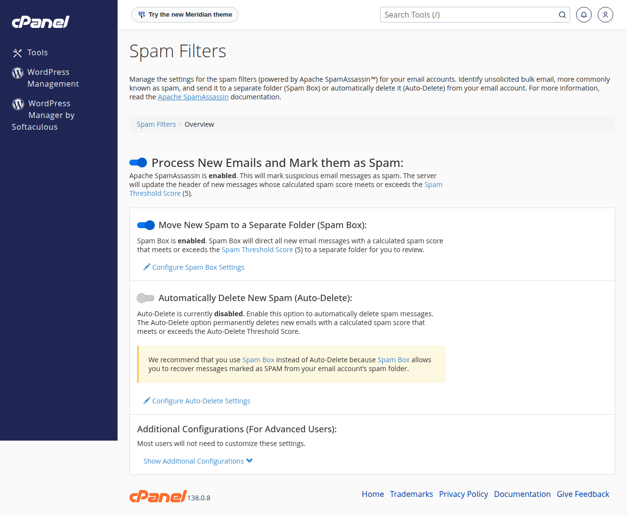 cPanel Spam Filters page: Process New Emails and Mark them as Spam on, Spam Box on, Auto-Delete off