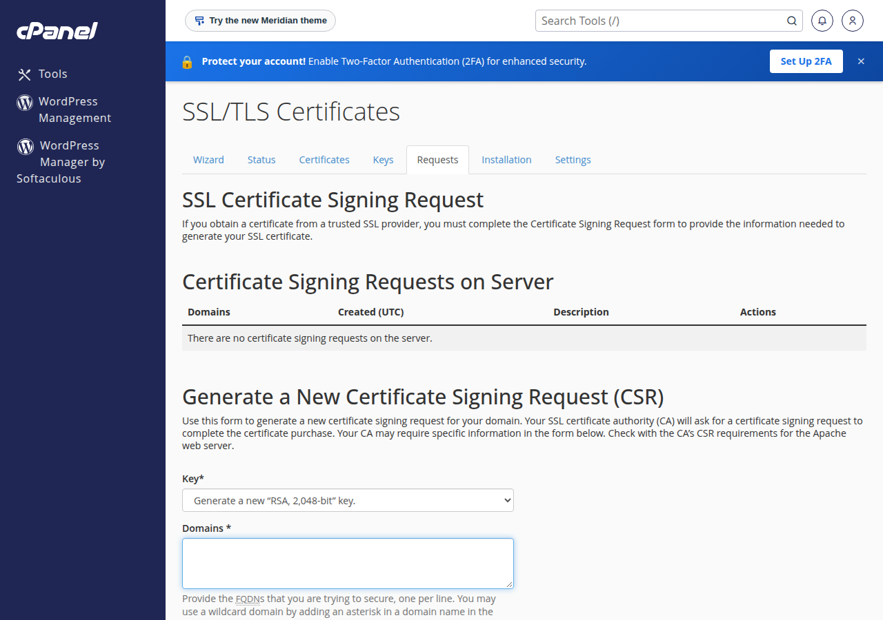 cPanel SSL/TLS Certificates, Requests tab: an empty list of certificate signing requests and the Generate a New Certificate Signing Request form with Key and Domains fields