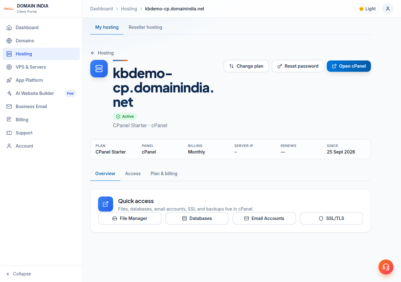 Hosting account page: Change plan, Reset password and Open cPanel buttons, a Plan, Panel, Billing, Server IP, Renews, Since strip, three tabs, Quick access tiles